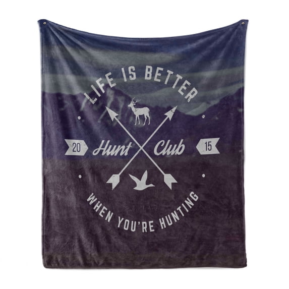 Hunting Soft Flannel Fleece Blanket, Grunge Retro Hunt Club Emblem with Arrows Motivating Words Mountains Backdrop, Cozy Plush for Indoor and Outdoor Use, 70" x 90", Brown Blue White, by Ambesonne