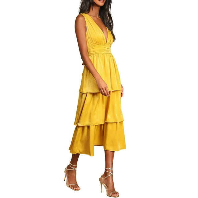 Faithtur Robes de Soirée Midi d'Été pour Femmes Couleur Unie Sans Manches Col en V Robe de Soirée à Volants