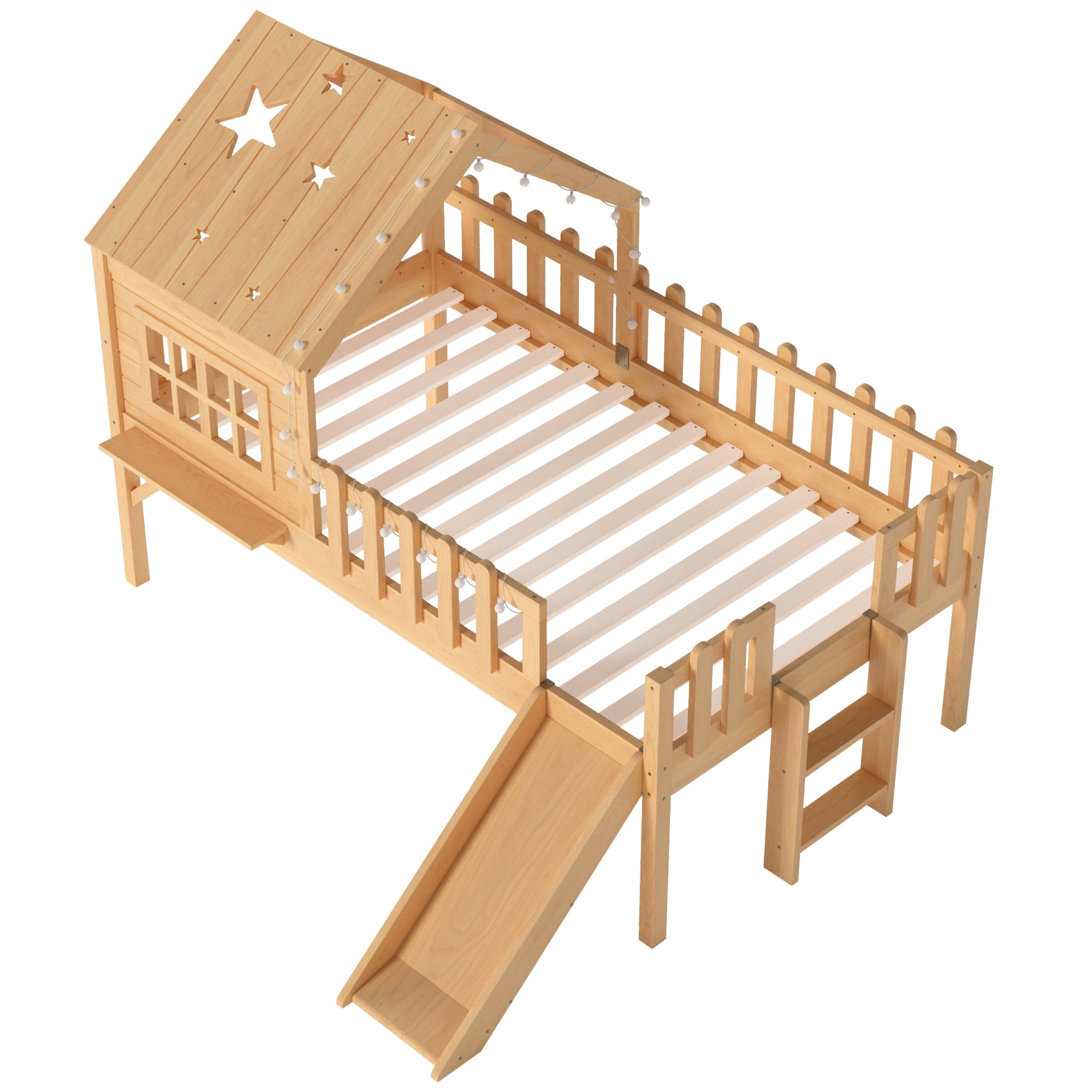 Mintazer Twin Size Kids House Loft Bed with Slide & LED Lights, Modern Playhouse Bed with Star Shaped Designs & Ladder, No Box Spring Needed, Natural