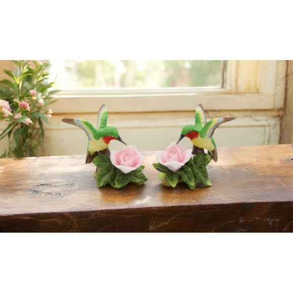 Ceramic Hummingbird Candle Holders Set of 2 Pink Rose Flower Home Decor Gift