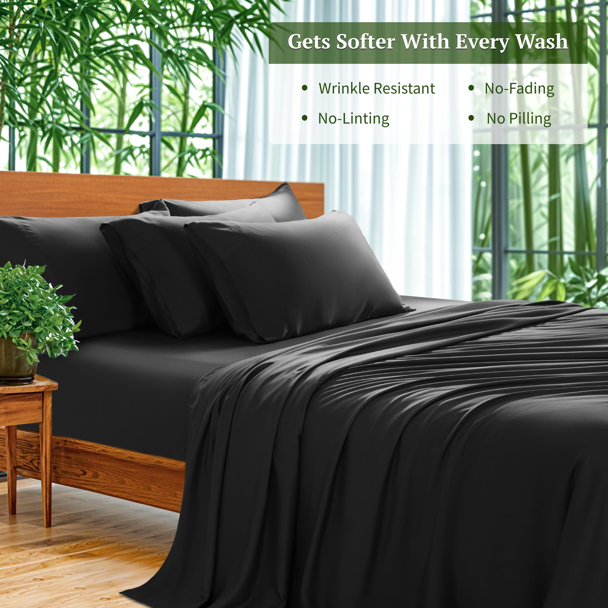 SONORO KATE 6 Pieces Bamboo Bed Sheets Set, Luxury Rayon Derived - Deep Pockets - Wrinkle Free - Extremely Soft, Queen, Black