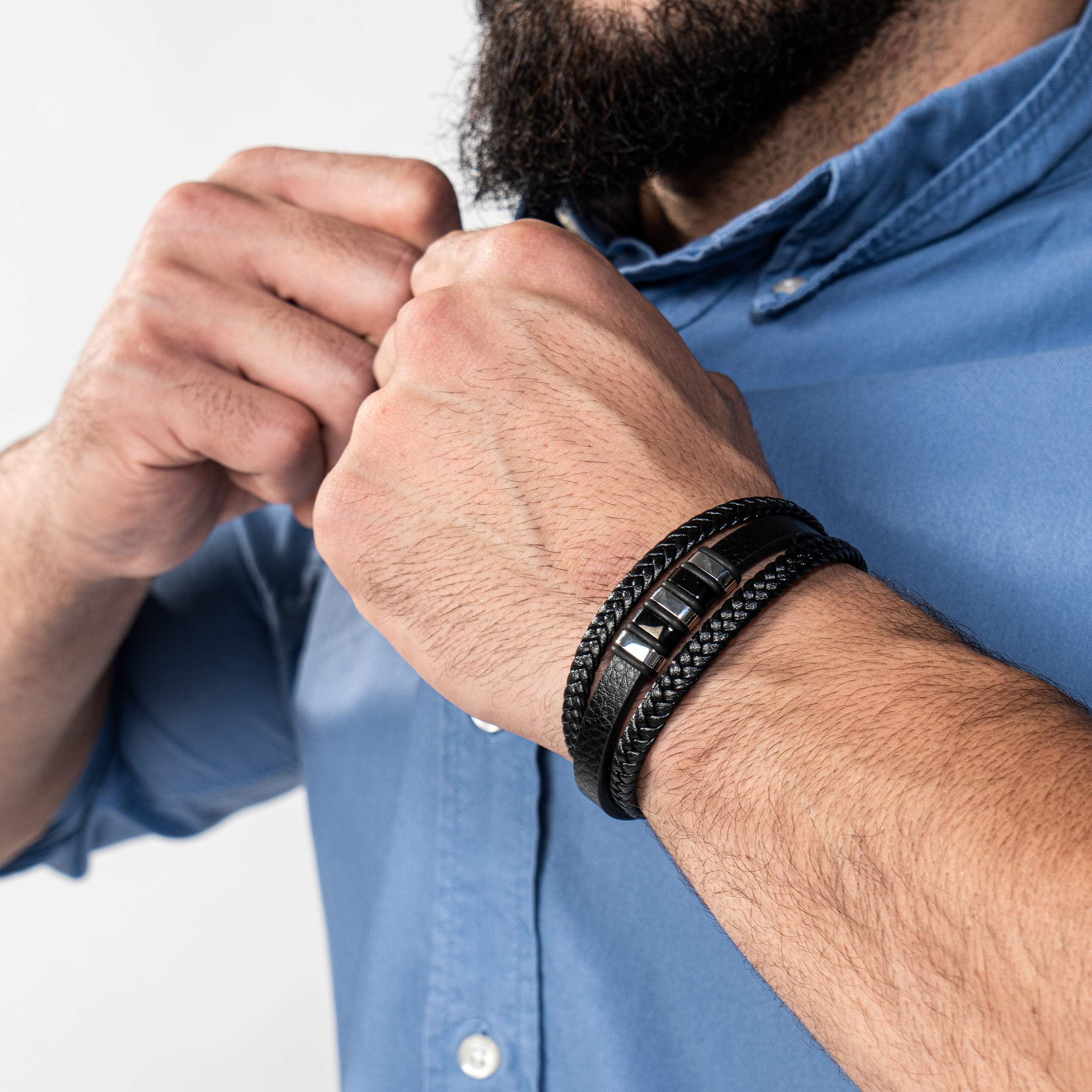 SERASAR Man's Leather Bracelet "Glory" with stainless steel magnetic closure, Silver 20cm, including gift box