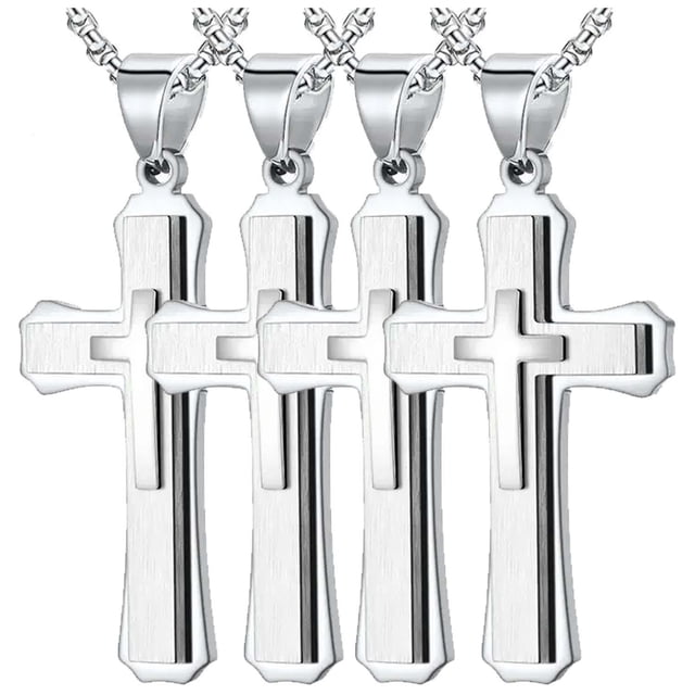 Collar Religiosos SacredGleam03 4Pzas Plata Collar Triple Cruz Dije 3x5.3cm Metal. High Monaco MXEEG-004