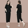 thumbnail image 5 of Women's Linen Two Piece Outfits Summer Short Sleeve Top And Cropped Pants Set Casual Tracksuit Lapel Kink T Shirt+Drawstring Pants Set Suit Bathing Suits Tops Cute Swimwear Women Juniors Swim Bottoms, 5 of 8