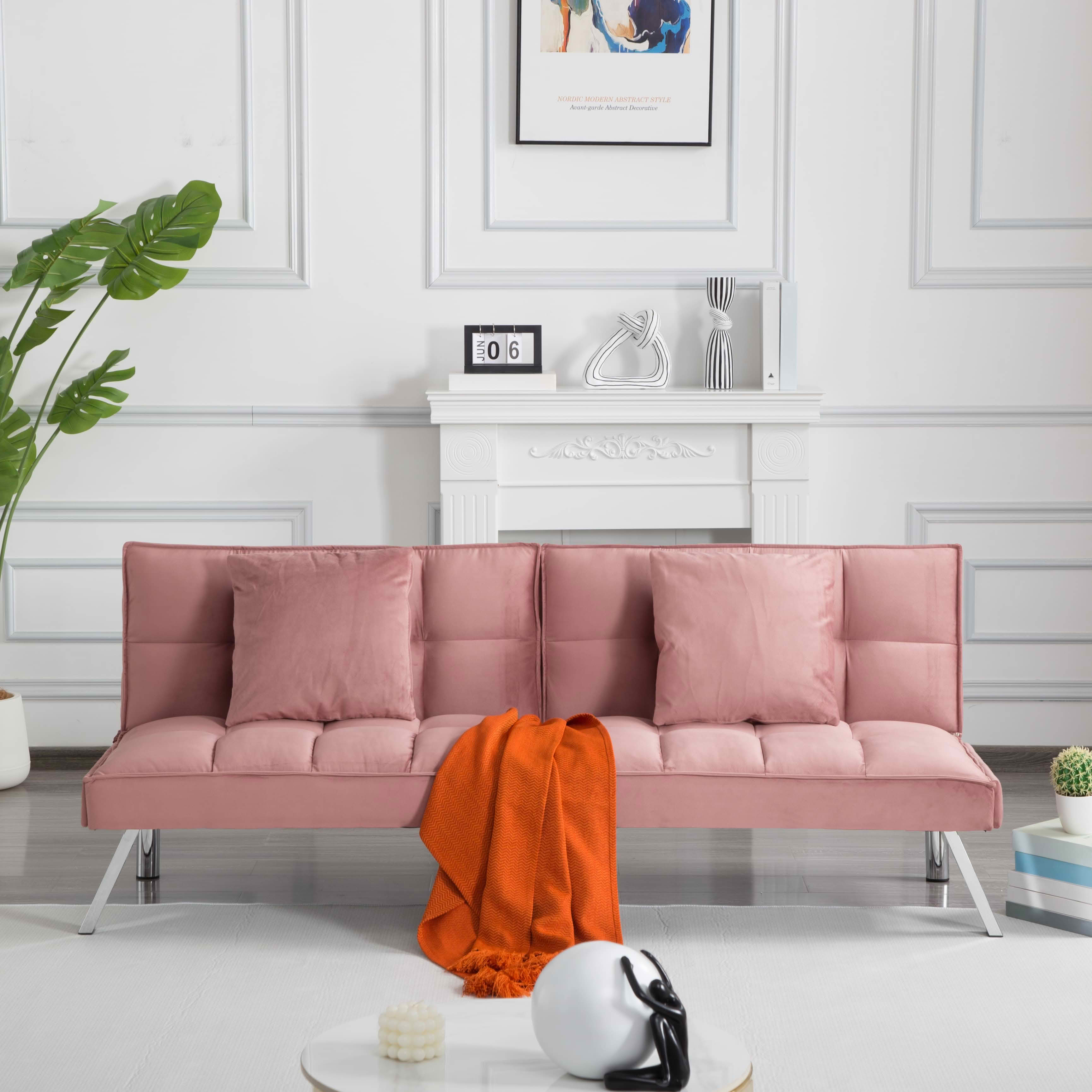 MAYEERTY 67.7" Futon Sofa Bed - 5-Position Adjustable Backrest, Velvet Upholstery, Tufted Design, 2 Pillows
