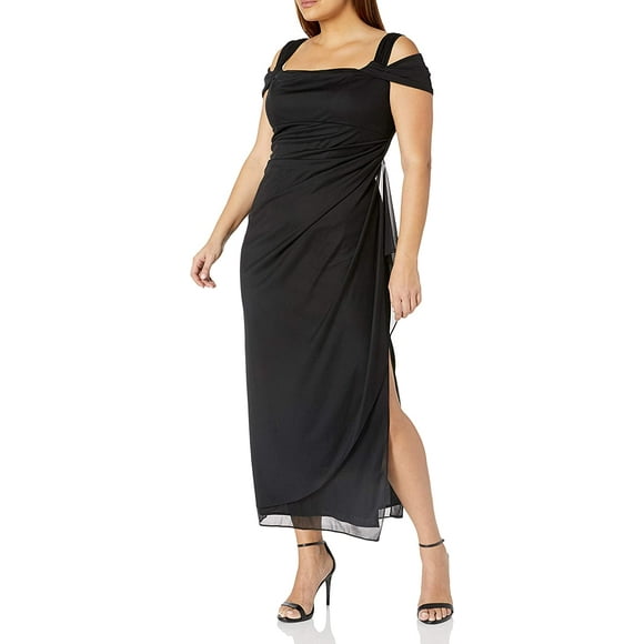 Alex Evenings Womens Plus Size Cold-Shoulder Dress Side Ruched Skirt 6 Black