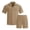 Khaki, variant on Men's Crochet 2 Piece Short Set Summer Beach Outfits Knited Hollow Out Button Down Shirt and Shorts Hawaiian Matching Sets Size 2XL Black