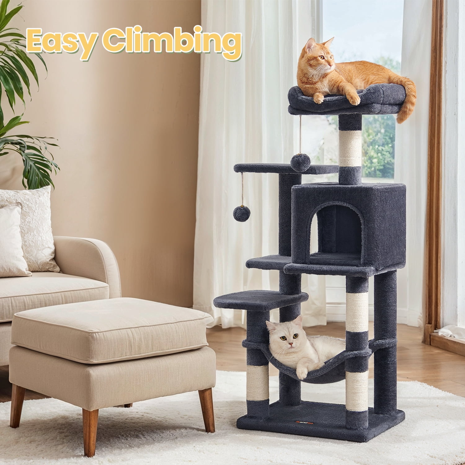 44.1' Cat Tree Tower for Indoor Cats ,Multi-Level Cat Condo Cat Furniture with Scratching Posts, Perches, Hammock, Cave , Smoky Gray