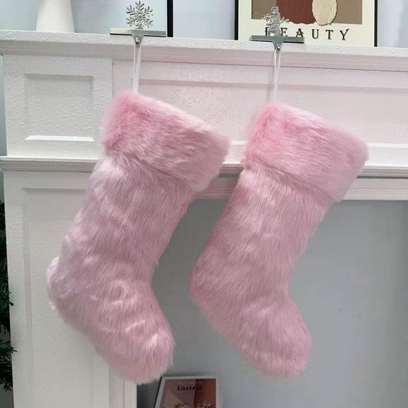 2Pack Pink Plush Faux Fur Christmas Stockings,Deluxe Fuzzy Christmas Stockings Hanging Ornaments Candy Gift Bags for Xmas Fireplace Holiday Decorations,