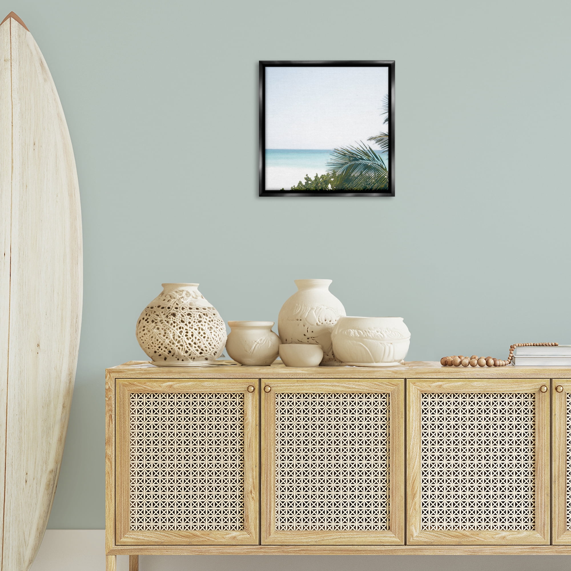 Stupell Industries Calm Beach Palms Coastal Photography Black Floater Framed Canvas Art Print Wall Art, 18 x 18