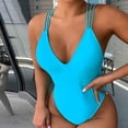 thumbnail image 2 of Sngxgn Swimsuit for Women Bathing Suit Cut Out Cross Back Tie Deep V Neck Ruched High Cut(Blue,S), 2 of 7