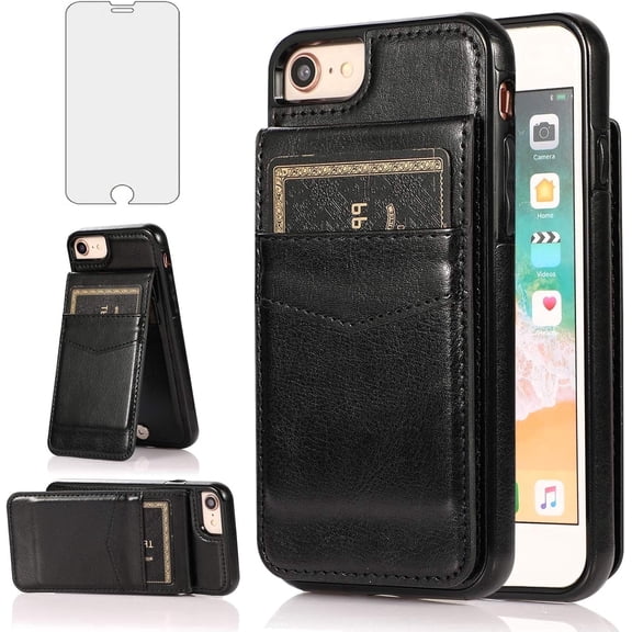 Asuwish Screen Protector Included PU Leather Soft Shell Wallet Cell Phone Case with Screen Protector for iPhone 7/8/SE2, Black