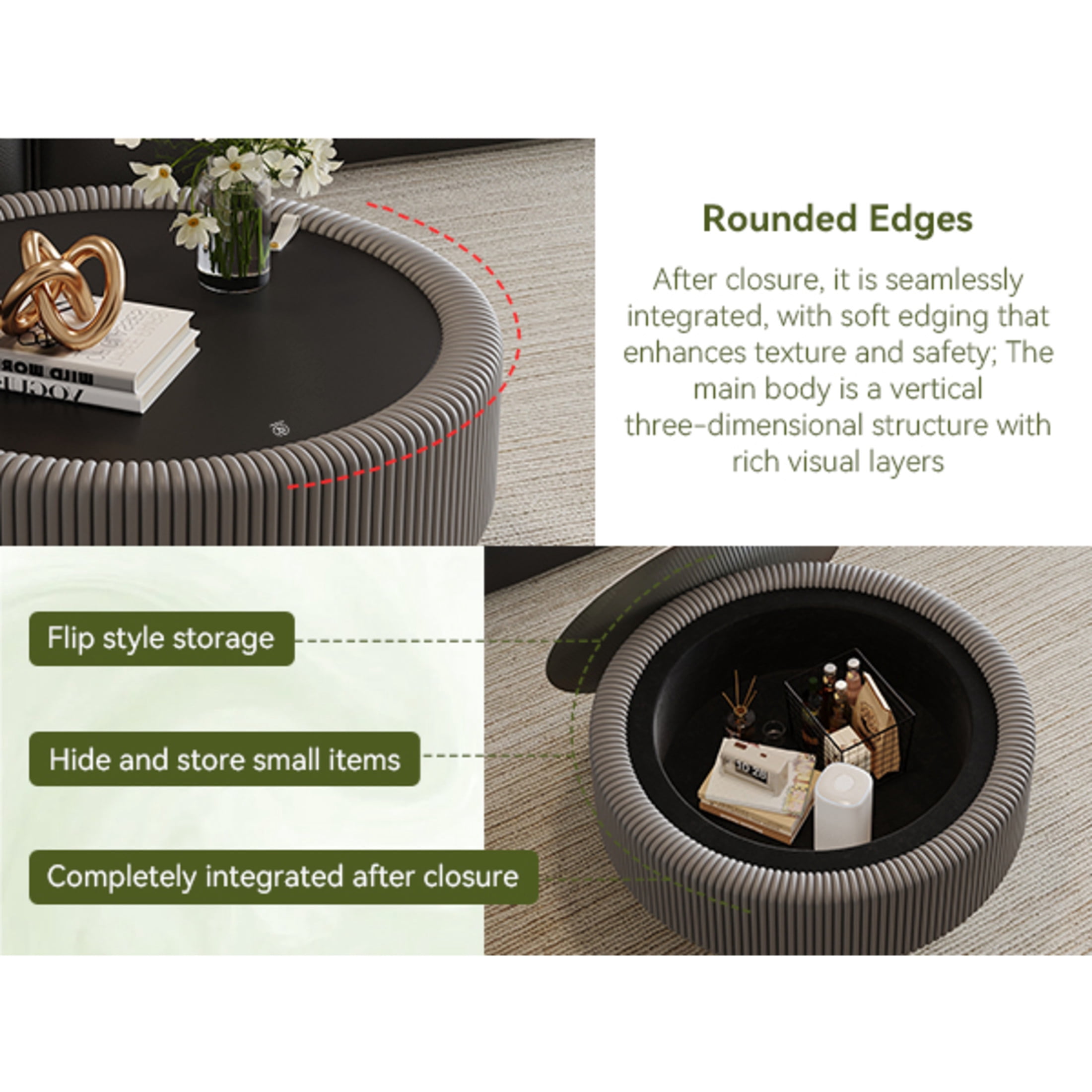 Noble House Morade 31.5" Fluted Round Storage Coffee Table with Glass Top & Leather Wrapped for Living Room, Gray