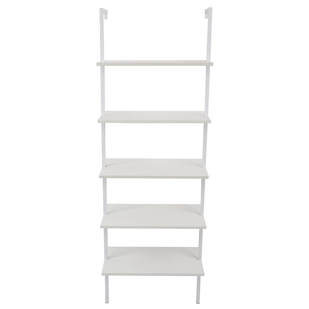 5-Shelf Wood Ladder Bookcase with Metal Frame, Industrial 5-Tier Modern Ladder Shelf Wood Shelves,White
