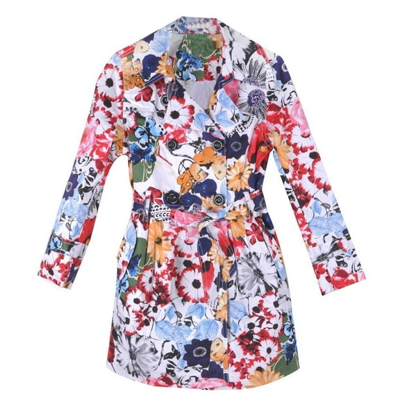 Richie House Little Girls Multi Color Floral Patterned Belted Trench Coat 2/3