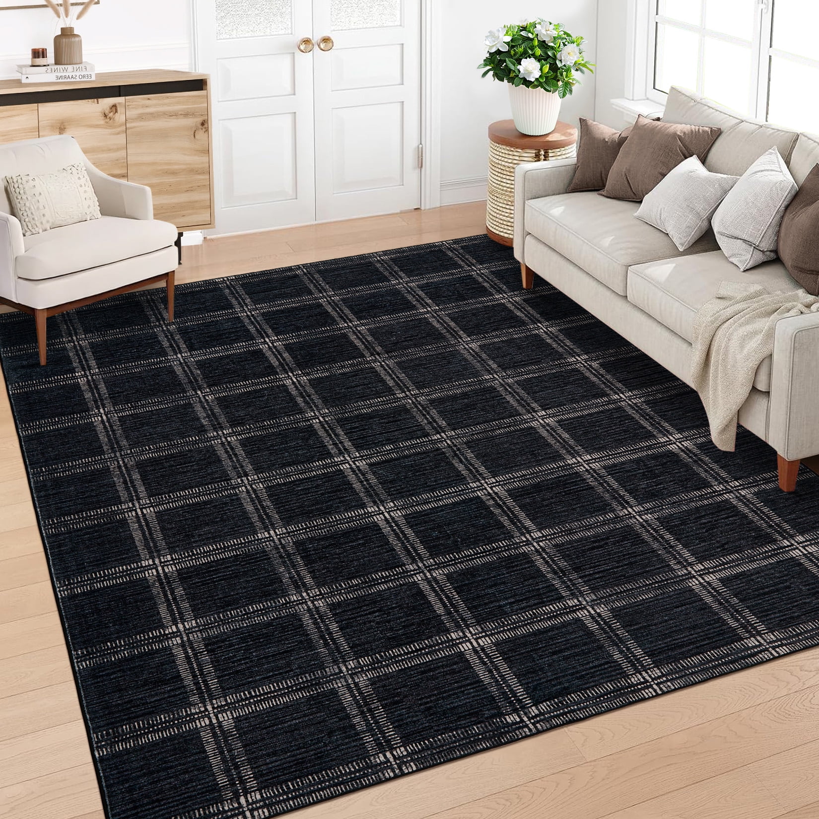 Nasitip Modern Geometric Plaid Pattern Black 10'x13' Area Rugs for Living Room Soft Low Pile Non-Sliping, Machine Washable