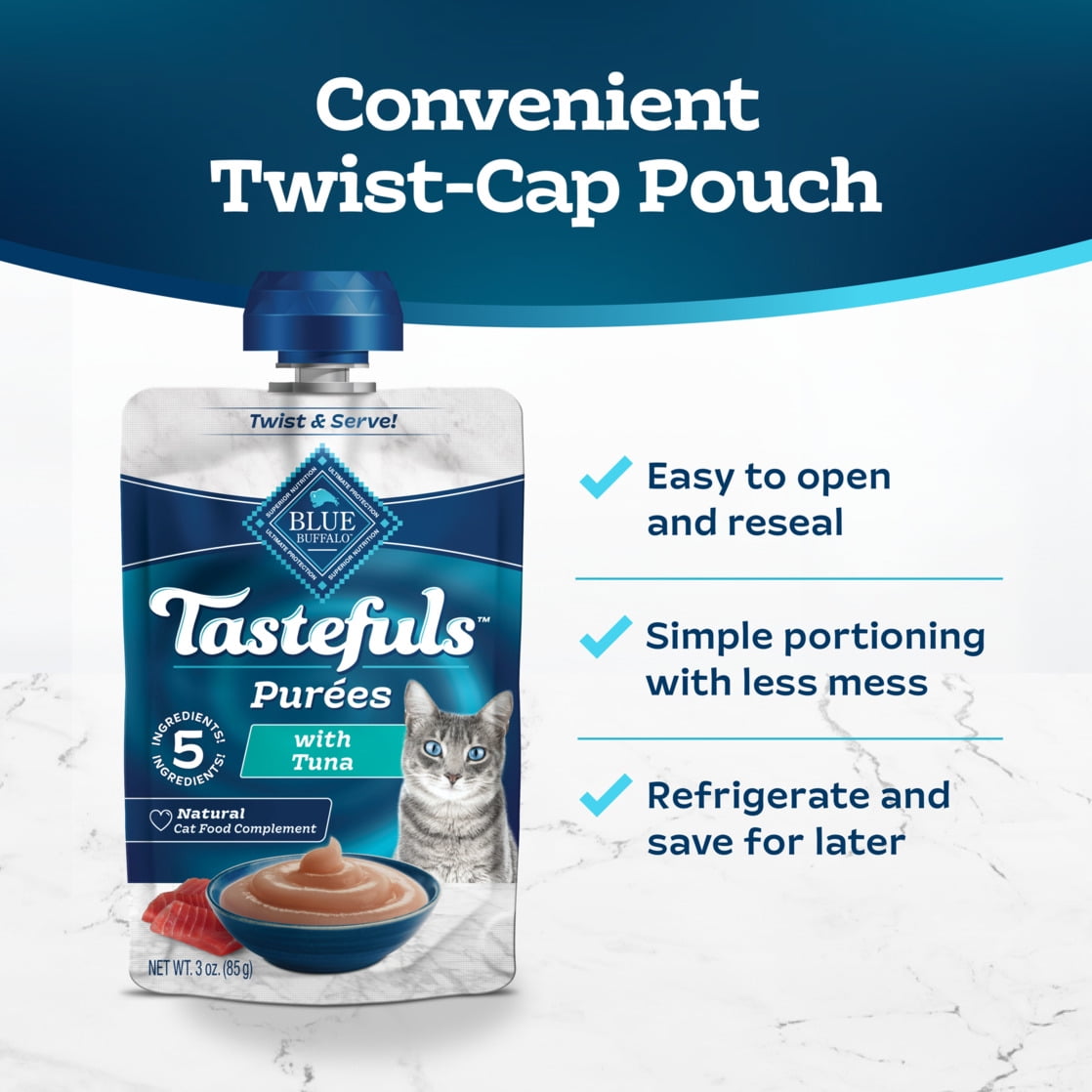 (12 pack) Blue Buffalo Tastefuls Adult Cat Natural Purées, Tuna 3-oz Resealable Twist Cap Pouch