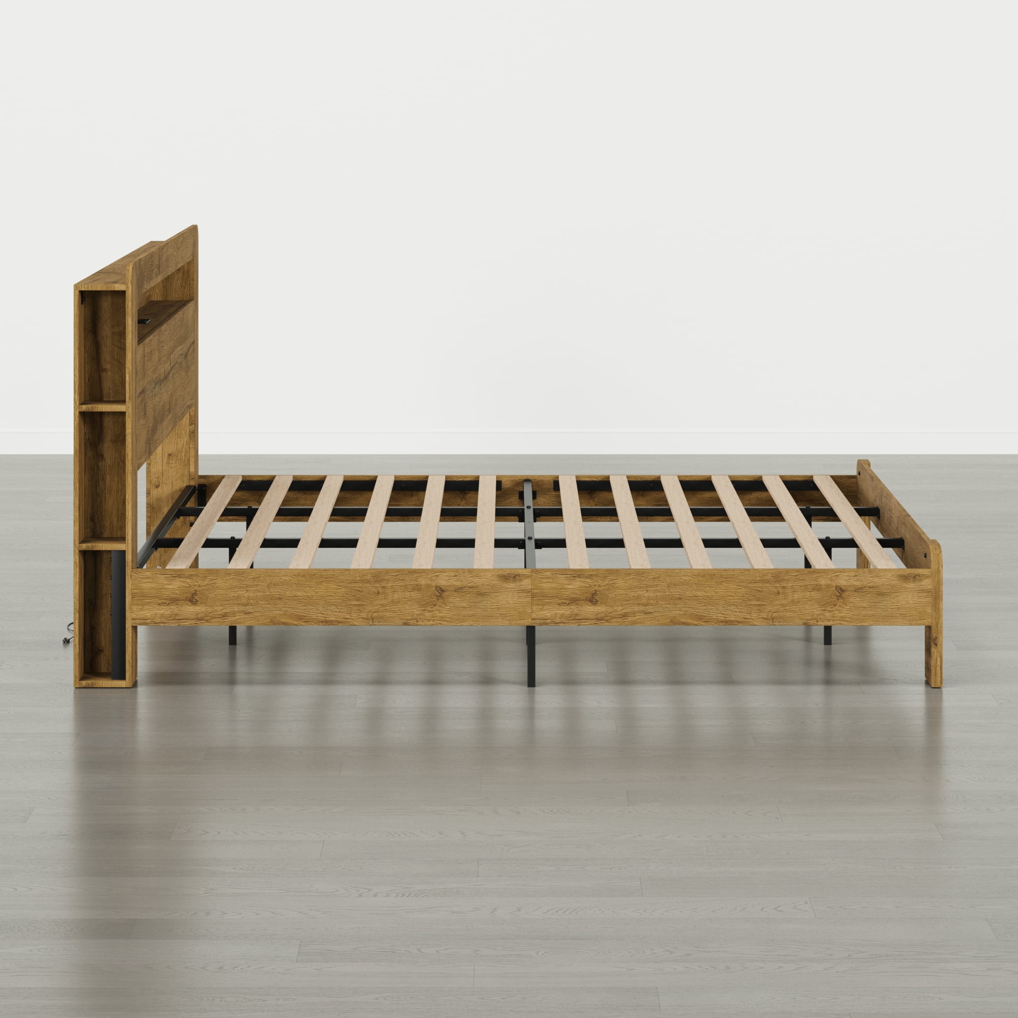 Spruce & Spring Modern Wood King Bed Frame with LED Lights, Storage Headboard & Charging Station, Noise-Free, No Box Spring Required, Easy Assembly, Nature