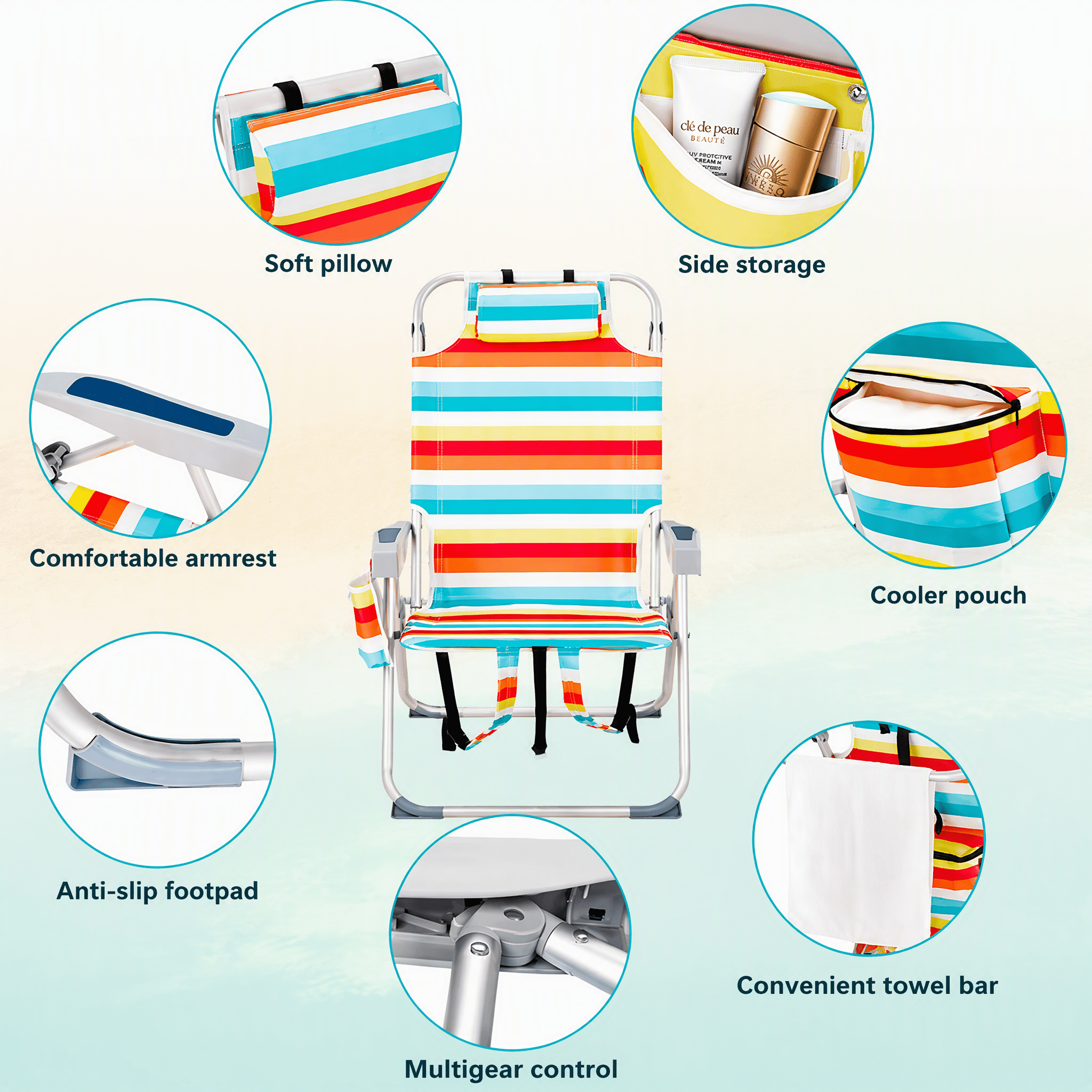 Aluminum Tube Bearing 100kg Beach Chair Rainbow Stripes