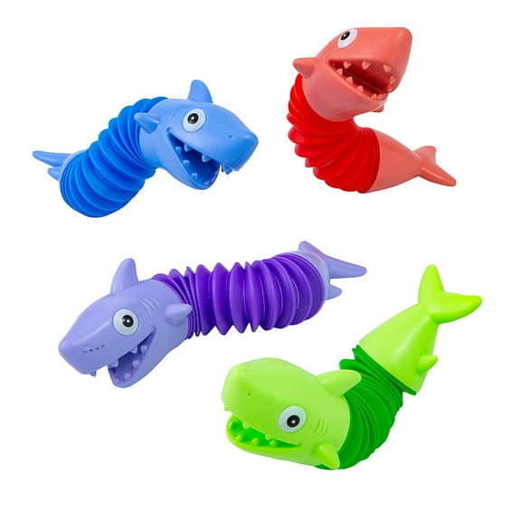 Fun Express 4 1/2" Shark Expanding Tube Blue, Red, Purple & Green Plastic Toys - 12 Pieces