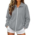thumbnail image 3 of Women's Baggy Full Zip Up Collared Jacket Oversized Long Sleeve Drop Shoulder Solid Color Soft Lightweight Cozy Y2K Casual Athletic Sweatshirt Outwear with Pockets for Spring Gray 3XL, 3 of 5
