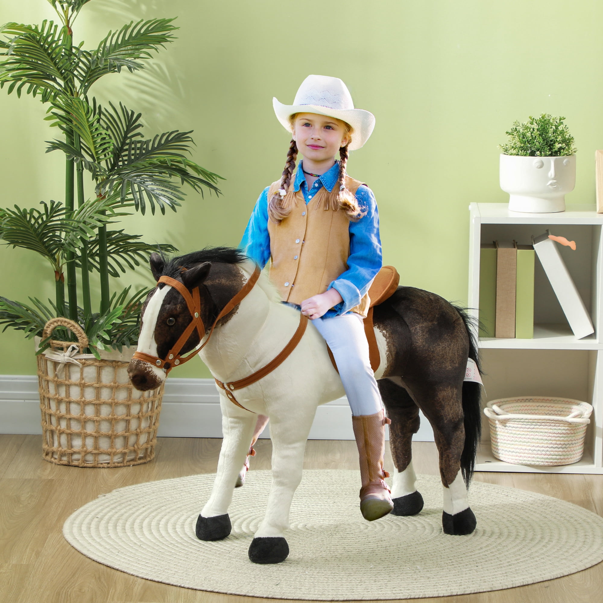 Qaba Ride on Horse for Toddlers 3-8 Years Old, Riding Horse with Neighing Sound, Stuffed Animal Horse Toy for Kids with Padding, Brown
