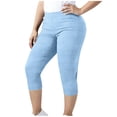 thumbnail image 3 of Plus Size Capri Leggings for Women Slim Fitted Yoga Pants Tummy Control Workout Ribbed Cropped Slacks Light Blue 5XL, 3 of 6