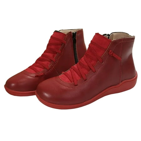 

Ediodpoh Ladies Casual Solid Color Zipper Strap Splicing Large Size Soft Leather Western Ankle Boots Short Boots Womens Boots Red 8.5