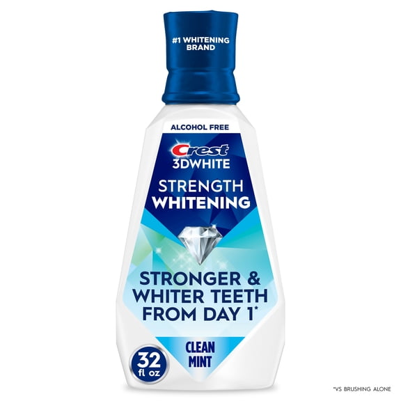 Crest 3D White Strength Whitening Fluoride Mouthwash, Alcohol-Free Oral Rinse, Wintermint Flavor, 32 fl oz