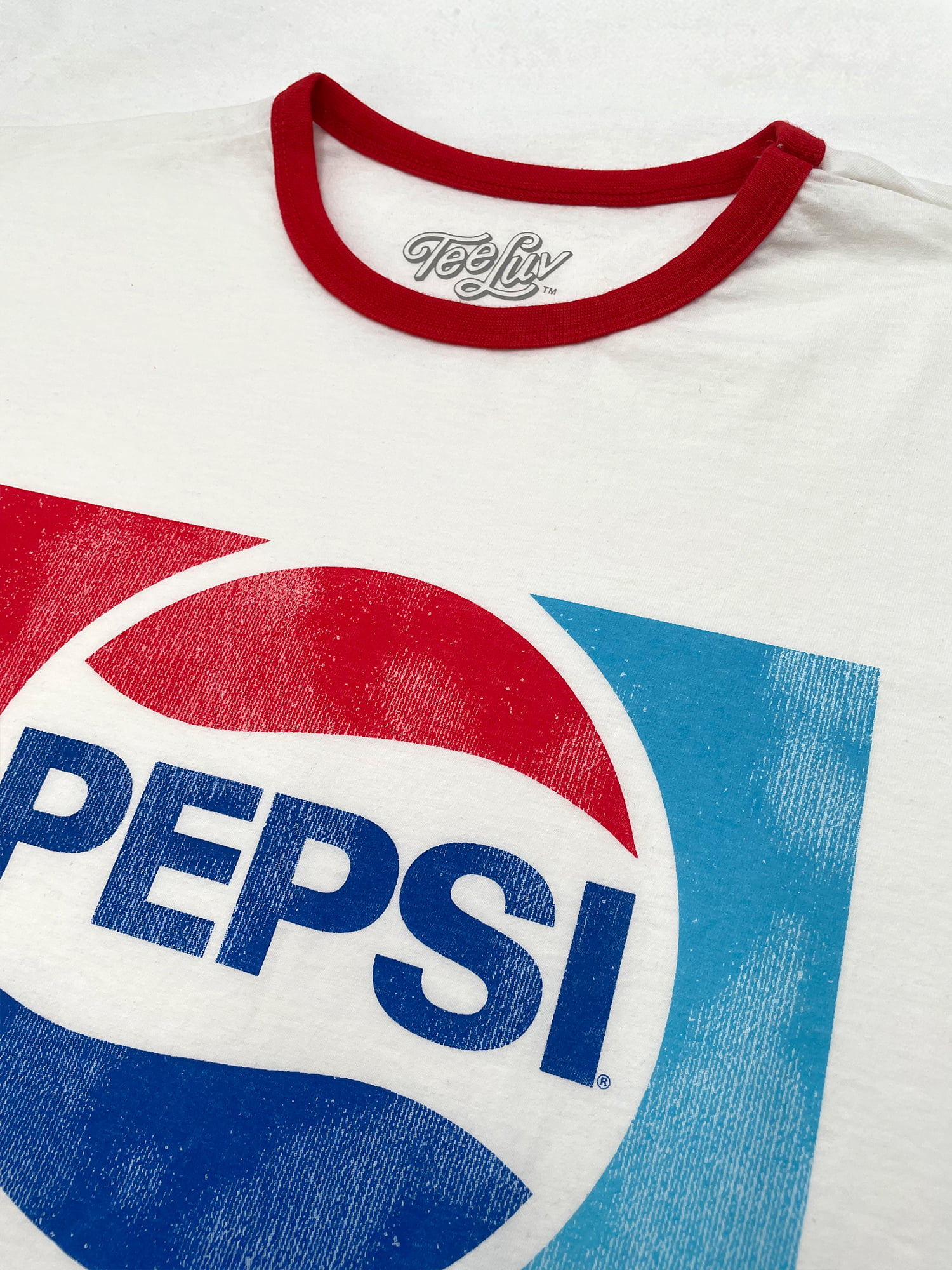 Tee Luv Men's Faded Pepsi 70s Logo White and Red Ringer T-Shirt
