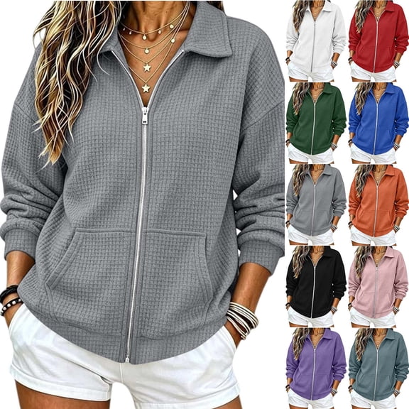 Waffle Full Zip Up Sweatshirt Women No Hood - Oversized Loose Casual Long Sleeve Collared Jacket 2026 Fall Winter Clothes, #01_Gray, L
