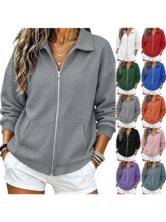 Waffle Full Zip Up Sweatshirt Women No Hood - Oversized Loose Casual Long Sleeve Collared Jacket 2026 Fall Winter Clothes, #01_Gray, M
