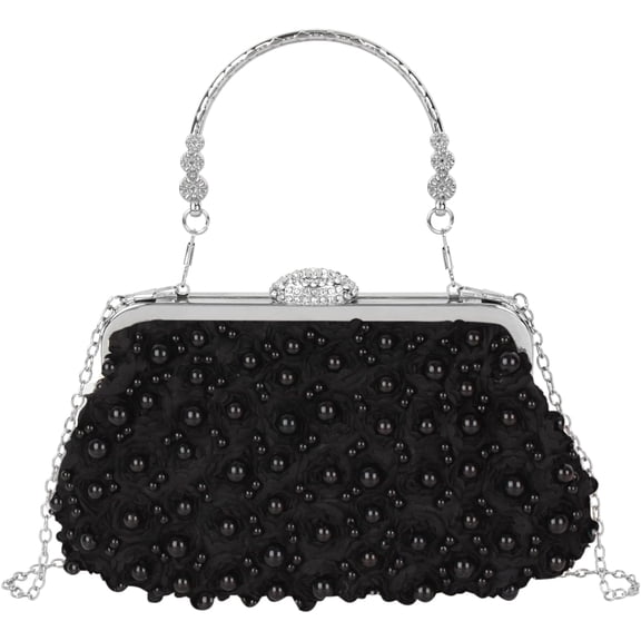 LinYooLi Women Mini False Pearls Evening Handbag Clutch Metal Top-handle Bag Chain Strap Cross-body Bag