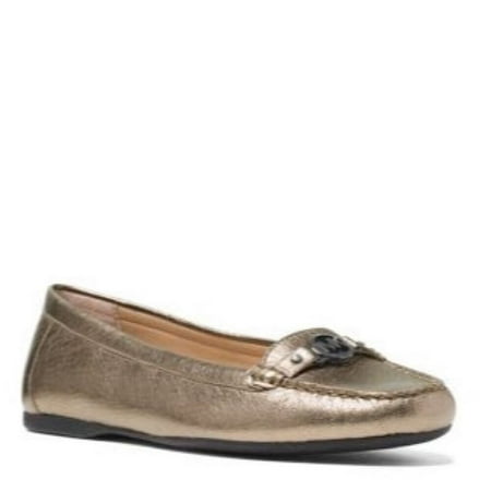 

Michael Kors Mk Logo 7 May Moc Metallic Nickel Leather Loafers Casual Flats New