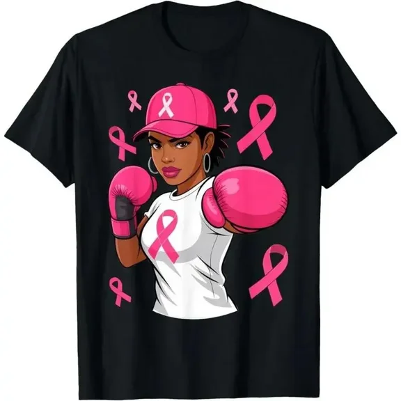 Fight Breast Cancer Awareness T‑Shirt, Pink Ribbon African American Woman Boxing Graphic Short‑Sleeve Tee in October We Wear Pink Tshirts