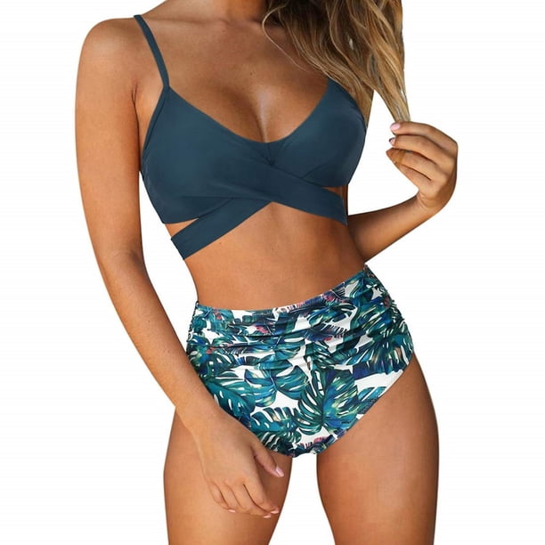 Traje de baño de dos piezas para mujer/adolescente, con cuello halter fruncido, bikini de cintura alta, traje de baño con espalda ajustable y teñido anudado.