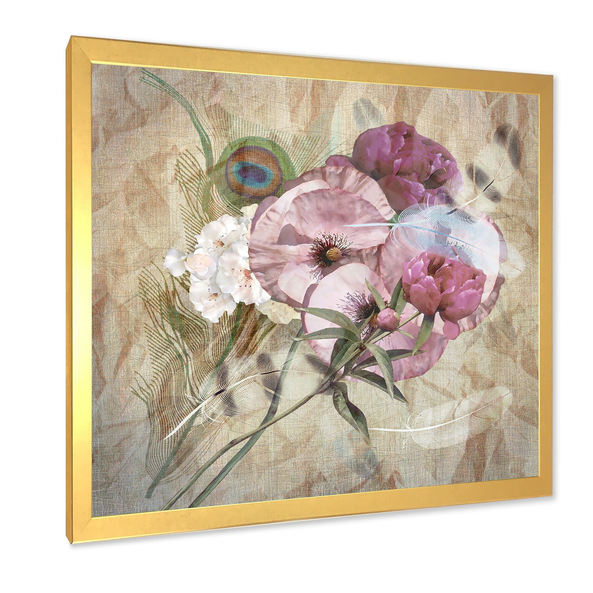 Designart 'Iris Bouquet Floral Design With Peacock Feather' Traditional Framed Art Print
