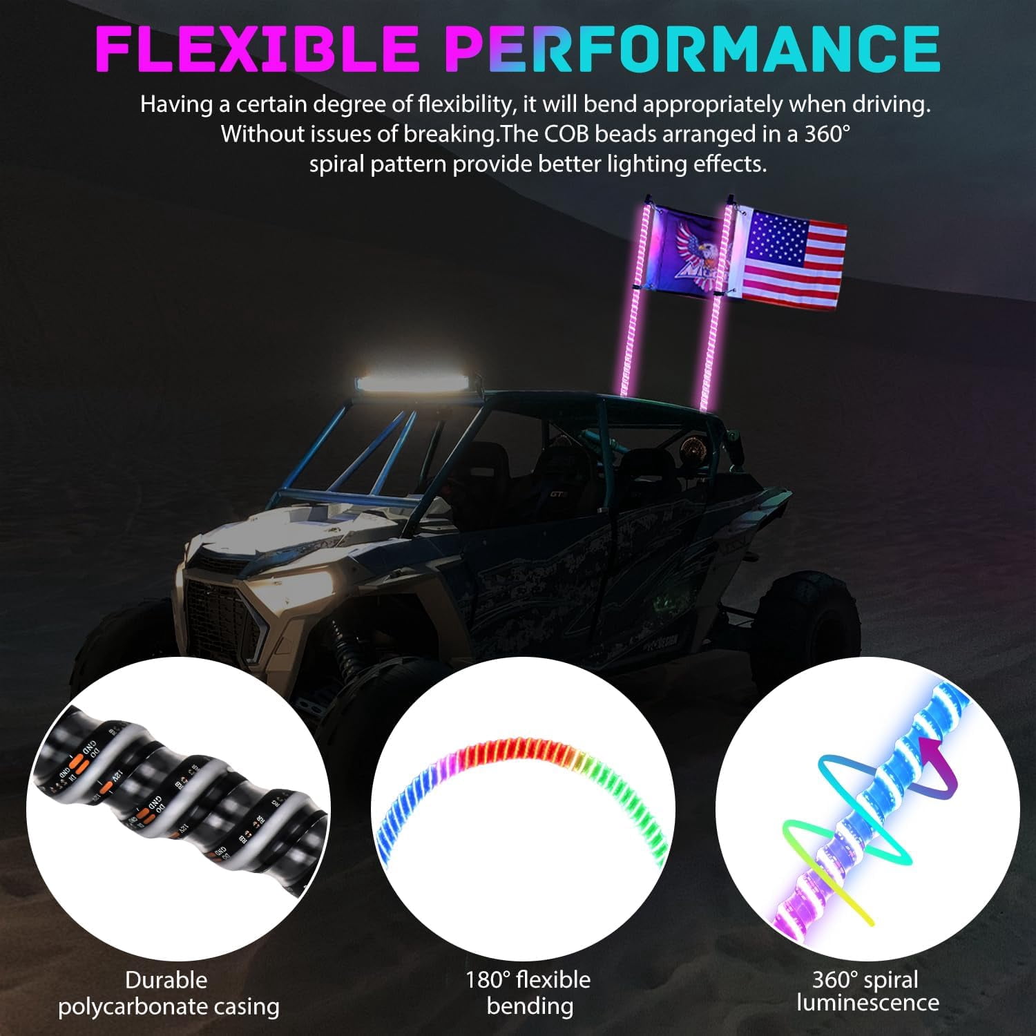 Nilight LED Whip Light 1 PC 3FT COB RGB Lighted Antenna Whips with Spring Base Remote & App Control DIY Chasing Patterns for Can-am Offroad ATV UTV RZR Polaris Dune Buggy 4-Wheeler Truck