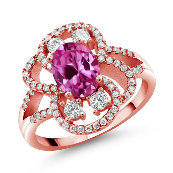 Gem Stone King 18K Rose Gold Plated Silver Statement Ring Set with Oval Pink Created Sapphire (1.82 cttw) (Size 8)