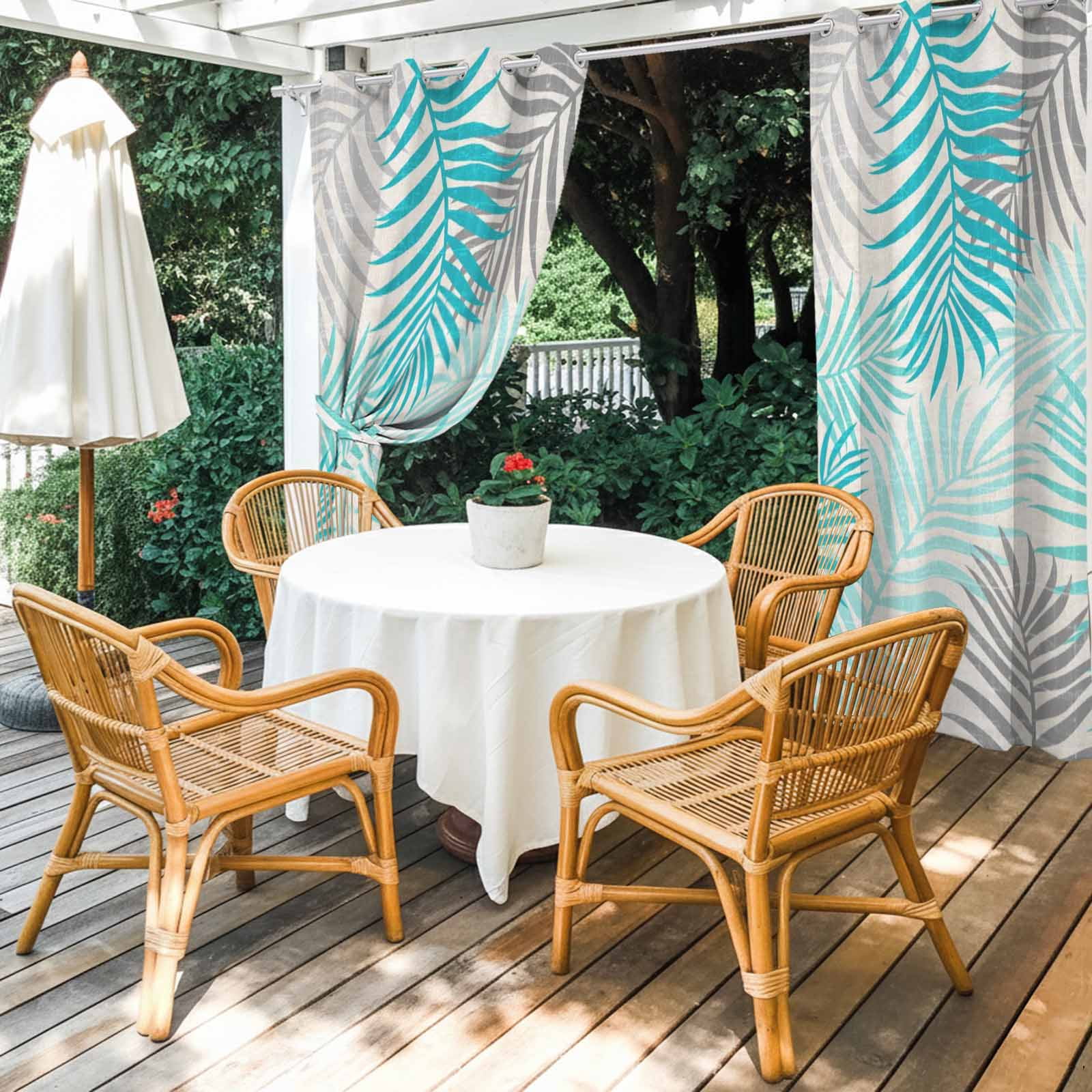 Teal Grey Palm Leaves Outdoor Curtains for Patio, Summer Botanical Vintage Tropical Leaf Rustic Sunshade Privacy Drapes Grommet Waterproof Outside Curtains for Porch/Cabana/Balcony 54"x 108", 1 Panel
