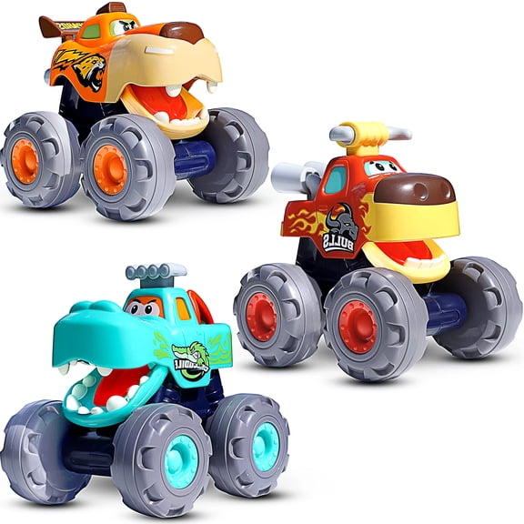 Baby Toy Cars for 1 2 3 Year Old Boy iLearn Toddler Monster Truck Toys, BigWheels Play Vehicles, Pull Back, Push Go Animal Car, Birthday Gifts for 12-18Month Kids