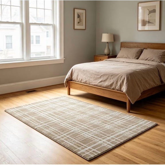 Plaid Indoor Area Rug Beige And White Checkered Washable Non Carpet For Living Room Bedroom