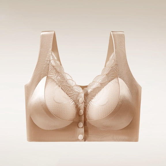 Nfurl Womens Bras Snap Front WIreless Bras for Seniors Women Push up Lace Bralettes Support Full Coverage Front Close Comfort Bra Khaki,XXL