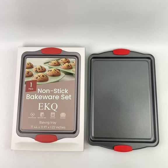 EKQ Baking tray,Nonstick Cookie Sheet Pan Carbon Steel Oven Tray Sheet Pan with Red Silicone Handles - 17.44 x 11.97 x 1.22 inches