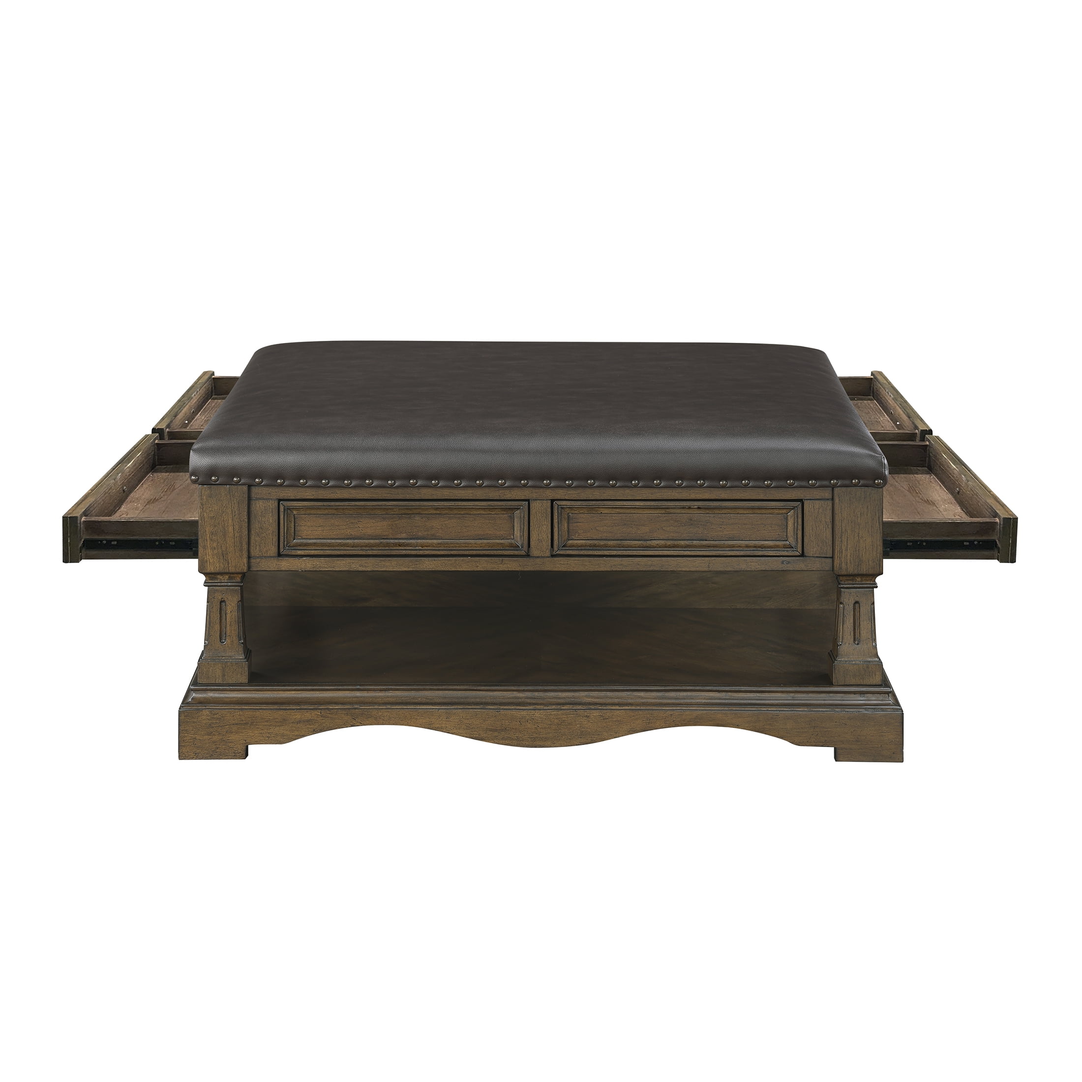 OakvillePark Soren Wooden Coffee Table with 4 Drawers, Faux Leather Upholstered Top, Casters, Dark Brown