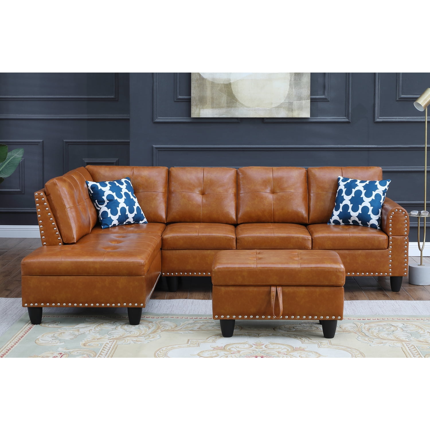 Devion Furniture Faux Leather Nailhead Trim Sectional Sofa with Ottoman, Brown