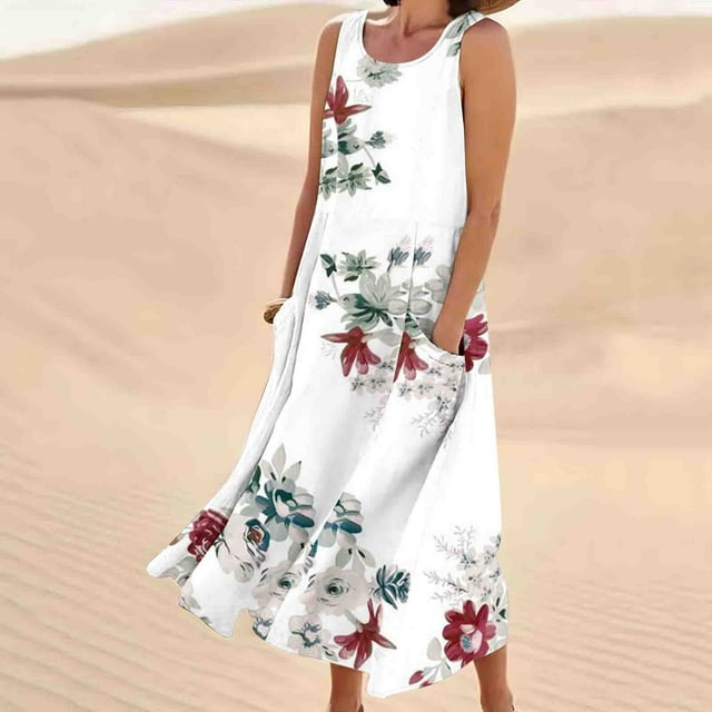 Robes pour Femmes, Robe Longue Imprimée Sans Manches en Coton et Lin à Col Rond pour Femmes