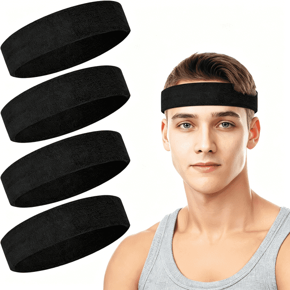 TELOLY 4 Pack Headbands for Men,Sweat Bands Headbands Men&Women,Cotton Terry Sweat Bands for Tennis,Basketball,Running,Gym,Working Out