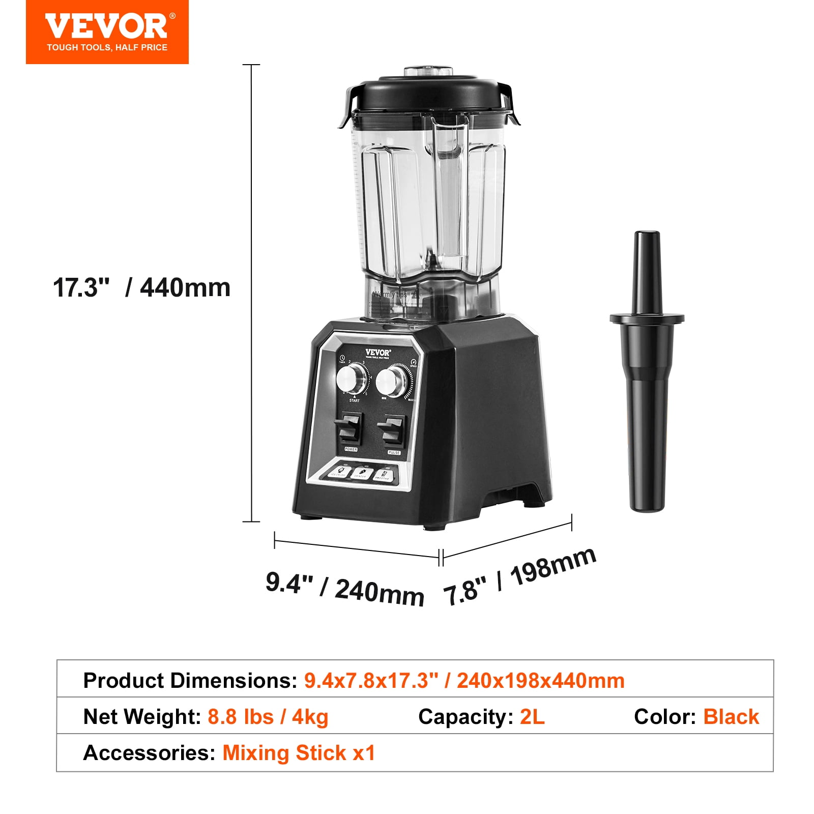 VEVOR Professional Blender, Commercial Countertop Blenders, 68 oz Glass Jar Blender Combo, Stainless Steel 3 Functions Blender, for Frozen Drinks, Shakes, Smoothies, Peree, and Crush Ice, Black