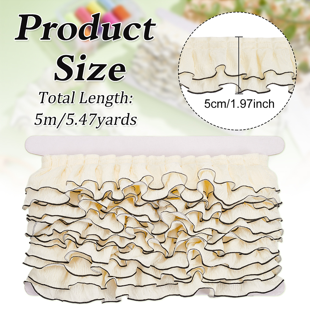 5 Yards 2 Inch Beige Ruffle Lace Trim Double-Layer Gathered Ruffled Ribbon Black Matching Trimming Pleated Lace Edge Trim